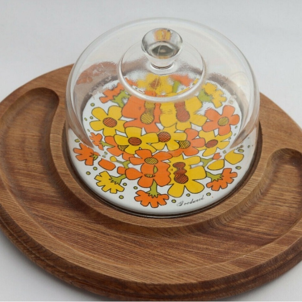 Vintage  - teak wood Cheese Board with Glass Dome Goodwood Japan Mid Century